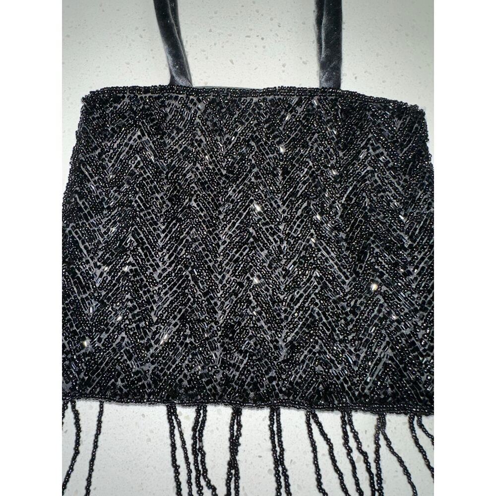 Black Beaded Evening hand bag Fringe Satin Handles Formal Party Night out - Picture 3 of 8